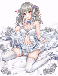 Rule 34 | 1girl, bare shoulders, blush, breasts, bridal gauntlets, brooch, cleavage, dress, flower, frills, full body, gloves, grey footwear, grey hair, grey rose, hair flower, hair ornament, hairband, heart, high heels, highres, idolmaster, idolmaster cinderella girls, jewelry, kanzaki ranko, long hair, looking at viewer, medium breasts, navel, necklace, pearl hair ornament, pearl necklace, petals, red eyes, revealing clothes, rose, sirurabbit, sitting, smile, solo, sweat, thighhighs, tongue, tongue out, twintails, wariza, wavy hair, white dress, white gloves, white thighhighs