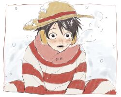 Rule 34 | 1boy, artist name, black hair, blush, coat, earmuffs, fur collar, hat, highres, long sleeves, looking at viewer, male focus, monkey d. luffy, multicolored coat, one piece, red coat, rokurnshu003, scar, scar on face, short hair, sitting, snow, solo, straw hat, striped coat, two-tone coat, white coat