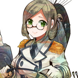 Rule 34 | 10s, 1girl, black-framed eyewear, black necktie, blue eyes, blue shirt, breasts, brown hair, buttons, cannon, closed mouth, collared shirt, double-breasted, epaulettes, eyebrows, folded ponytail, glasses, gloves, green eyes, holding, itomugi-kun, jacket, kantai collection, katori (kancolle), large breasts, long sleeves, looking at viewer, machinery, medium breasts, military, military uniform, necktie, parted bangs, pointer, riding crop, semi-rimless eyewear, shirt, silver hair, simple background, skirt, smile, solo, turret, under-rim eyewear, uniform, upper body, white background, white gloves