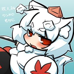Rule 34 | 1girl, animal ears, bad id, bad pixiv id, chibi, fang, hat, holding, inubashiri momiji, inunoko., looking at viewer, open mouth, red eyes, shield, short hair, solo, sword, tokin hat, touhou, translation request, weapon, white hair, wolf ears