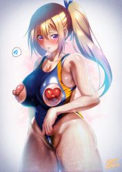 Rule 34 | 1girl, adjusting clothes, adjusting swimsuit, bare shoulders, blonde hair, blush, bow, breasts, censored, clothes pull, covered erect nipples, cowboy shot, frontal wedgie, groin, hair between eyes, hair bow, half-closed eyes, heart, heart censor, highres, k.ty (amejin), kawakami mai, large areolae, large breasts, long hair, looking at viewer, mole, mole on thigh, mole under eye, musaigen no phantom world, one-piece swimsuit, one-piece swimsuit pull, parted lips, ponytail, pubic hair, purple eyes, swimsuit, thick thighs, thighs, wedgie, wet