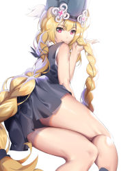 Rule 34 | 1girl, absurdres, bare legs, blonde hair, blue dress, blue hat, braid, braiding hair, closed mouth, dress, girls&#039; frontline, hair ornament, hairdressing, hand in own hair, hand on floor, hat, henz, highres, long hair, looking at viewer, lying, on floor, on side, purple eyes, smile, solo, sr-3mp (girls&#039; frontline), thighs, twin braids, white background