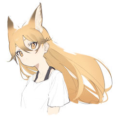 Rule 34 | 1girl, alternate costume, animal ear fluff, animal ears, blonde hair, closed mouth, dot mouth, extra ears, ezo red fox (kemono friends), fox ears, fox girl, hair between eyes, highres, kemono friends, kona ming, long hair, looking at viewer, shirt, short sleeves, simple background, solo, upper body, white background, white shirt, yellow eyes