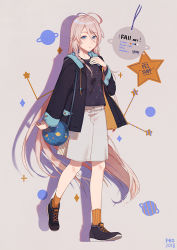 Rule 34 | 1girl, 2018, arm at side, artist name, bag, black shirt, blue eyes, braid, constellation, constellation print, dated, expressionless, fen renlei, full body, grey background, grey skirt, hair between eyes, hand on own chest, ia (vocaloid), jacket, long hair, looking at viewer, orange socks, pink hair, planet, shadow, shirt, shoes, simple background, skirt, sneakers, socks, solo, sparkle background, star (symbol), starry background, striped clothes, striped socks, tag, vertical-striped clothes, vertical-striped socks, very long hair, vocaloid, walking