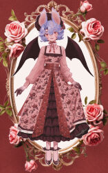 Rule 34 | 1girl, absurdres, alternate costume, animal ears, bat ears, bat girl, bat wings, bonnet, closed mouth, commentary, dress, floral print, flower, full body, highres, jewelry, k0nfette, kemonomimi mode, layered skirt, long sleeves, looking at viewer, necklace, pearl necklace, pink dress, pink flower, pink rose, purple hair, red eyes, red headwear, red ribbon, red skirt, remilia scarlet, ribbon, rose, rose print, short hair, skirt, skirt hold, solo, touhou, wings