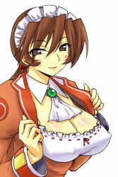 Rule 34 | 1girl, breasts, brown hair, cleavage, covered erect nipples, large breasts, michael f91, orange shirt, paffel, shirt, smile, solo, summon night, summon night 2