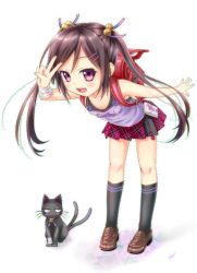 Rule 34 | backpack, bag, bandages, blush, brown hair, camisole, cat, child, fang, gotou hisashi, kneehighs, leaning forward, long hair, multiple tails, original, purple eyes, randoseru, socks, solo, tail, twintails, v