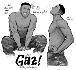 Rule 34 | 1boy, abs, absurdres, artist name, beard stubble, call of duty, call of duty: modern warfare 2, camouflage, camouflage pants, character name, closed eyes, dark-skinned male, dark skin, english text, facial hair, gaz (call of duty 4), greyscale, highres, male focus, monochrome, multiple views, muscular, muscular male, pants, pectorals, short hair, sleepyconfusedpotato, smile, stubble, sweat, teeth, topless male