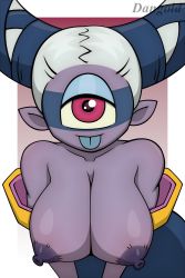 Rule 34 | 1girl, absurdres, blue tongue, breasts, breasts out, colored tongue, cyclops, dangold, fuumin (youkai watch), highres, large breasts, looking at viewer, nipples, no humans, one-eyed, red eyes, simple background, teasing, tongue, tongue out, white background, youkai watch