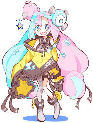 Rule 34 | 1girl, absurdres, adapted costume, bow-shaped hair, character hair ornament, creatures (company), game freak, gym leader, hair ornament, hexagon print, highres, iono (pokemon), jacket, multicolored hair, nintendo, oversized clothes, pokemon, pokemon sv, sharp teeth, single leg pantyhose, sleeves past fingers, sleeves past wrists, split-color hair, teeth, tokorotokoro10, very long sleeves, x, yellow jacket