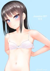 Rule 34 | 1girl, asashio (kancolle), bad id, bad twitter id, black hair, blue background, blue eyes, blush, bra, character name, collarbone, commentary request, dated, flat chest, kantai collection, kanzaki muyu, long hair, navel, simple background, solo, underwear, underwear only, undressing, upper body, white bra