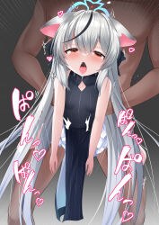 Rule 34 | 1boy, 1girl, ahegao, animal ears, black background, blue archive, blush, clothed sex, commentary request, cum, cum in pussy, doggystyle, dress, gajt69, grey hair, hair between eyes, halo, highres, horse ears, kokona (blue archive), long hair, looking at viewer, red eyes, saliva, sex, sex from behind, sleeveless, solo focus, tears, tongue, tongue out