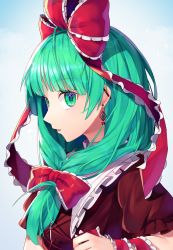 Rule 34 | 1girl, arm up, blue background, commentary request, dress, drop earrings, earrings, frilled shirt collar, frills, from side, front ponytail, gradient background, green hair, gunjou row, hair ribbon, highres, jewelry, kagiyama hina, long hair, looking at viewer, parted lips, puffy short sleeves, puffy sleeves, red dress, ribbon, short sleeves, sideways glance, solo, standing, touhou, upper body, very long hair, wrist ribbon
