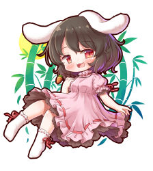 Rule 34 | animal ears, arinu, bamboo, black hair, blush, breasts, chibi, dress, floppy ears, frilled dress, frilled sleeves, frills, full body, highres, inaba tewi, pink dress, puffy short sleeves, puffy sleeves, rabbit ears, rabbit girl, red eyes, ribbon-trimmed dress, ribbon-trimmed legwear, ribbon-trimmed sleeves, ribbon trim, short hair, short sleeves, simple background, small breasts, socks, touhou, wavy hair, white background, white socks