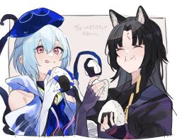 Rule 34 | 1boy, 1girl, :q, animal ears, arknights, beret, black gloves, black hair, blue gloves, blue hair, blue headwear, border, clothing cutout, commentary request, cropped torso, dog ears, dog girl, eating, facial mark, fingerless gloves, food, food on face, gloves, gradient background, hat, highres, japanese clothes, light blue hair, long hair, mizuki (arknights), multicolored clothes, multicolored gloves, onigiri, parted bangs, pink eyes, pink hair, robe, saga (arknights), see-through hoodie, shoulder cutout, tentacles, tongue, tongue out, translation request, upper body, white gloves, yakota (usuk-yako)