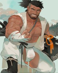 Rule 34 | 1boy, abs, atcesolcyc, bandages, bara, bare pectorals, bare shoulders, beard, bulge, check copyright, chest hair, clothing cutout, copyright request, crotchless, crotchless pants, dark-skinned male, dark skin, dougi, facial hair, facial scar, foot out of frame, fundoshi, japanese clothes, large pectorals, male focus, male underwear, mature male, muscular, muscular male, nipples, open clothes, open shirt, original, paid reward available, pants, pectorals, paid reward available, scar, scar across eye, scar on cheek, scar on face, scar on nose, shirt, short hair, sideburns, sleeveless, sleeveless shirt, solo, stubble, thick thighs, thigh cutout, thighs, undercut, underwear, veins, wet, wet clothes, wet male underwear, white male underwear, white pants, white shirt