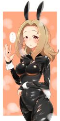 Rule 34 | 1girl, animal ears, arm up, blonde hair, bodysuit, check commentary, collar, commentary, commentary request, covered navel, highres, idolmaster, idolmaster cinderella girls, kurushima gire, leather, leotard, looking at viewer, manabe itsuki, one eye closed, orange background, parted lips, pink eyes, playboy bunny, rabbit ears, rabbit tail, shirt, simple background, speech bubble, steam, sweat, tail, translation request, upper body, wrist cuffs