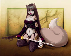Rule 34 | artist request, collar, corset, elbow gloves, fingerless gloves, fox, furry, gloves, goth fashion, hip focus, long hair, panties, piercing, source request, sword, tail, tattoo, thick thighs, thighhighs, thighs, underwear, weapon, wide hips
