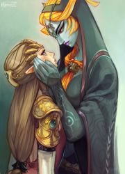 Rule 34 | 2girls, alderion-al, blue skin, brown hair, colored skin, eye contact, front ponytail, height difference, highres, jewelry, long hair, looking at another, makeup, midna, midna (true), multiple girls, nintendo, orange hair, pointy ears, princess zelda, red eyes, size difference, spoilers, the legend of zelda, the legend of zelda: twilight princess, yuri