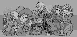 Rule 34 | 2boys, 4girls, ^ ^, absurdres, belt, belt buckle, blazer, breasts, bright pupils, buckle, cigarette, closed eyes, collared shirt, commentary, cowboy bebop, cropped legs, crossover, cup, demoman (tf2), demon girl, demon horns, demon tail, dress, dress shirt, drinking glass, english commentary, eyes visible through hair, facial hair, fingerless gloves, glasses, gloves, grey background, greyscale, grin, gun, hair between eyes, hand up, hat, heart, heart-shaped pupils, helltaker, highres, holding, holding cigarette, holding weapon, hololive, hololive english, horns, jacket, komi-san wa komyushou desu, komi shouko, long hair, long sleeves, looking ahead, looking at viewer, matching outfits, modeus (helltaker), monochrome, mori calliope, multiple boys, multiple girls, mustache, necktie, official art, opaque glasses, open mouth, own hands together, pants, pantyhose, parted lips, profile, ribbed sweater, sharp teeth, shirt, short hair, short sleeves, shot glass, sidelocks, simple background, sleeves rolled up, smile, smoke, spike spiegel, sunglasses, sweater, sweater dress, symbol-shaped pupils, tail, team fortress 2, teeth, trait connection, turtleneck, upper teeth only, vanripper, virtual youtuber, weapon, zdrada (helltaker)