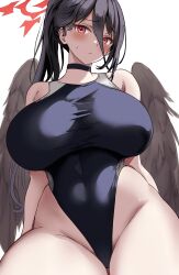 Rule 34 | 1girl, absurdres, black choker, black hair, blue archive, blush, breasts, choker, curvy, halo, hasumi (blue archive), highres, huge breasts, large breasts, long hair, looking at viewer, metsu end, one-piece swimsuit, ponytail, red eyes, simple background, solo, swimsuit, thick thighs, thighs, white background, wide hips, wings
