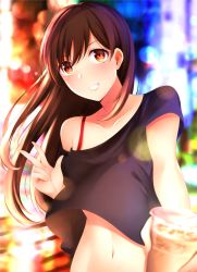 Rule 34 | 1boy, absurdres, bad id, bad pixiv id, black shirt, blurry, blurry background, brown eyes, brown hair, bubble tea, collarbone, cup, disposable cup, highres, holding, holding cup, kira.s, long hair, looking at viewer, male focus, navel, original, outdoors, shirt, smile, solo, spaghetti strap, standing, trap, upper body, v