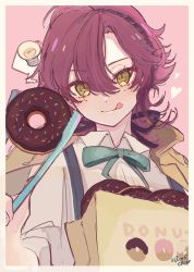 Rule 34 | 0 m0chibe, 1boy, :q, alternate costume, bow, bowtie, commentary request, doughnut, food, genshin impact, green eyes, highres, light bulb, looking at viewer, low ponytail, male focus, mole, mole under eye, multicolored hair, red hair, shikanoin heizou, shirt, solo, streaked hair, tongue, tongue out, white shirt