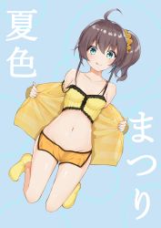Rule 34 | 1girl, :p, absurdres, ahoge, belly, blue background, blue eyes, breasts, brown hair, collarbone, commentary request, fuji dorokai, full body, groin, highres, hololive, looking at viewer, natsuiro matsuri, natsuiro matsuri (matsuri&#039;s day off), navel, scrunchie, short hair, simple background, small breasts, socks, solo, stomach, thighs, tongue, tongue out, translation request, virtual youtuber