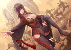 Rule 34 | 10s, 1girl, 6+boys, arrow (projectile), blade &amp; soul, boots, breasts, cleavage, dan loana, dragon, dutch angle, eyepatch, large breasts, leg lift, long hair, looking at viewer, multiple boys, outdoors, outstretched arm, red eyes, smile, standing, sword, thigh boots, thighhighs, weapon