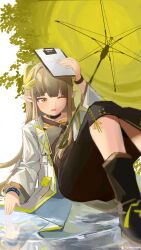 Rule 34 | 1girl, absurdres, arknights, arm up, black footwear, black skirt, boots, brown hair, commentary request, green umbrella, grey shirt, highres, holding, infinity symbol, jacket, long hair, mole, mole under eye, muelsyse (arknights), one eye closed, open clothes, open jacket, open mouth, orange eyes, pointy ears, reflection, shirt, skirt, solo, umbrella, very long hair, water, white jacket, yukikochenk