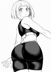 Rule 34 | 1girl, absurdres, arm at side, ass, ass focus, bike shorts, blush, boku no hero academia, breasts, closed mouth, from behind, greyscale, hatching (texture), highres, kobaji, large breasts, looking at viewer, looking back, monochrome, open hand, short hair, simple background, solo, sports bra, twisted torso, uraraka ochako