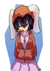 Rule 34 | 1girl, animal ears, black hair, carrot, carrot necklace, contemporary, food in mouth, hashiro, hood, hoodie, inaba tewi, jewelry, necklace, pendant, rabbit ears, red eyes, short hair, solo, touhou