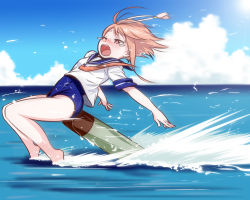 Rule 34 | 10s, 1girl, cloud, day, hair ornament, i-58 (kancolle), kantai collection, meme, ocean, open mouth, pink hair, pre3445, red eyes, school swimsuit, school uniform, serafuku, short hair, sky, solo, swimsuit, swimsuit under clothes, tears, torpedo, type 95 torpedo, water, wince