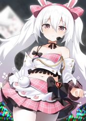 Rule 34 | 1girl, animal ears, azur lane, bad id, bad pixiv id, bare shoulders, black bow, blush, bow, commentary request, flat chest, from below, hair between eyes, hairband, heart, highres, laffey (azur lane), laffey (bunny idol @unmotivated) (azur lane), long hair, long sleeves, looking at viewer, navel, pantyhose, pink skirt, pleated skirt, rabbit ears, red eyes, shengtian, silver hair, skirt, solo, twintails, white pantyhose