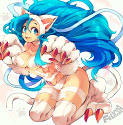Rule 34 | 1girl, :3, animal ears, animal hands, big hair, blue eyes, blue hair, breasts, cat ears, cat tail, character name, claws, cleavage, fang, felicia (vampire), full body, fur, iroyopon, large breasts, long hair, matching hair/eyes, open mouth, paw pose, smile, solo, tail, underboob, vampire (game)