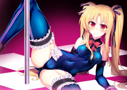 Rule 34 | 1girl, alternate costume, bare shoulders, blonde hair, blue one-piece swimsuit, blue thighhighs, blush, breasts, cosplay, covered navel, dead or alive, dead or alive 5, detached sleeves, elbow gloves, fate testarossa, frills, gloves, hair ribbon, leotard, long hair, looking at viewer, lying, lyrical nanoha, mahou shoujo lyrical nanoha, marie rose, marie rose (cosplay), on side, one-piece swimsuit, pole, pole dancing, raiou, red eyes, red ribbon, ribbon, small breasts, solo, spread legs, stripper pole, swimsuit, thighhighs, twintails, very long hair, wavy mouth