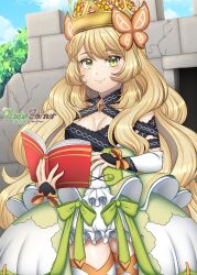 Rule 34 | 1girl, absurdres, artist name, bare shoulders, blonde hair, blue sky, blush, book, bow, breasts, brooch, butterfly hair ornament, celine (fire emblem), cleavage, closed mouth, cloud, commentary, cowboy shot, crown, day, dress, dress bow, eyelashes, fire emblem, fire emblem engage, flower, green bow, green eyes, hair flower, hair ornament, highres, holding, holding book, jewelry, kiwis corner, long hair, medium breasts, nintendo, open book, orange bow, orange flower, orange gemstone, outdoors, pink flower, princess, sky, sleeveless, sleeveless dress, smile, solo, standing, thighhighs, thighs, very long hair, wavy hair, white dress, white thighhighs, wrist bow, yellow flower, yellow headwear