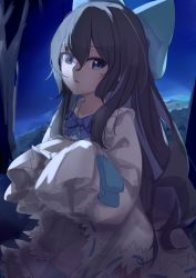 Rule 34 | 1girl, absurdres, black hair, blue eyes, blue ribbon, bow, commentary, dress, frills, hair bow, highres, little witch nobeta, long hair, looking at viewer, moonlight, night, night sky, outdoors, pale skin, parted lips, ribbon, sky, sleeves past wrists, solo, tania (little witch nobeta), tree, white dress, ww1w1