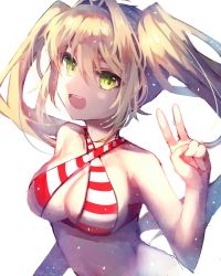 Rule 34 | 1girl, blonde hair, blush, breasts, cleavage, collarbone, criss-cross halter, deep (deep4946), fate/grand order, fate (series), green eyes, hair intakes, halterneck, highres, large breasts, long hair, looking at viewer, navel, nero claudius (fate), nero claudius (fate) (all), nero claudius (swimsuit caster) (fate), open mouth, smile, solo, twintails, upper body, v