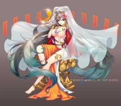 Rule 34 | 10s, 1girl, 2016, absurdly long hair, anklet, artist name, bad id, bad pixiv id, barefoot, blue eyes, blue hair, bracelet, breasts, choker, cleavage, covered erect nipples, earrings, flower, full body, grey hair, hair flower, hair ornament, highres, horns, jewelry, large breasts, long hair, matching hair/eyes, multicolored hair, necklace, no bra, pink flower, ring, see-through, smile, snow is, snow is , solo, toe ring, very long hair