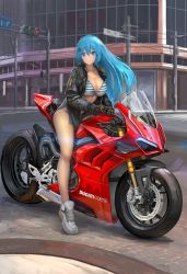 Rule 34 | 1girl, bare legs, bikini, black gloves, black jacket, blue eyes, blue hair, breasts, cleavage, clothes writing, ducati, emori miku, gloves, hair ornament, halterneck, highres, jacket, large breasts, liver city, long hair, long sleeves, looking at viewer, motor vehicle, motorcycle, nihoshi (bipedal s), no pants, open clothes, open jacket, outdoors, road, shoes, sign, smile, sneakers, solo, string bikini, striped bikini, striped clothes, swimsuit, thighs, traffic light, white footwear