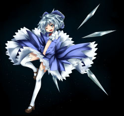 Rule 34 | 1girl, absurdres, black background, blue eyes, blue hair, bow, cirno, dress, dress shirt, hair bow, highres, ice, ice wings, mary janes, matching hair/eyes, minoku (hiromitvxq), open mouth, ribbon, shirt, shoes, short hair, smile, solo, thighhighs, touhou, white thighhighs, wings