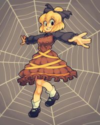 Rule 34 | 1girl, :d, black footwear, blonde hair, brown dress, brown eyes, buttons, dress, frilled sleeves, frills, full body, grey background, highres, kurodani yamame, long sleeves, looking at viewer, mary janes, nappooz, open mouth, shoes, short hair, silk, smile, socks, solo, spider web, touhou