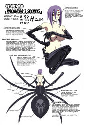 Rule 34 | 10s, 1girl, alternate hair color, anatomy, arachne, arthropod girl, ass, backboob, breasts, carapace, character name, character profile, claws, colorized, covering nipples, covering privates, extra eyes, hair between eyes, hair over one eye, hard-translated, highres, insect girl, large breasts, monster girl, monster musume no iru nichijou, multiple legs, nude, okayado, purple hair, rachnera arachnera, red eyes, simple background, skull, smokeyandthebandit, solo, spider girl, taur, third-party edit, white background