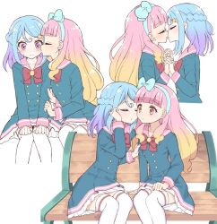 Rule 34 | 2girls, adjusting hair, aikatsu! (series), aikatsu friends!, blonde hair, blue bow, blue hair, blunt bangs, blush, bow, braid, closed eyes, closed mouth, commentary request, cropped legs, cropped torso, dress, embarrassed, facing another, gradient hair, hair bow, hair ornament, hair over shoulder, hairband, hand on another&#039;s arm, hand up, hands on own knees, hands up, holding hands, imminent kiss, kiss, kissing cheek, long hair, long sleeves, looking at another, maho (waku6121112), minato mio, multicolored hair, multiple girls, multiple views, on bench, orange eyes, orange hair, parted lips, pink hair, pink sailor collar, purple eyes, red bow, sailor collar, sailor dress, school uniform, short hair, simple background, sitting, star (symbol), star hair ornament, star harmony academy school uniform, sweatdrop, thighhighs, white background, white thighhighs, yuri, yuki aine