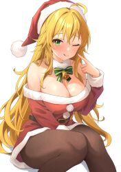 Rule 34 | 1girl, absurdres, ahoge, alternate costume, b1ack illust, bare shoulders, bell, belt, blonde hair, blush, breasts, brown pantyhose, christmas, cleavage, closed mouth, crossed bangs, detached collar, dress, fur trim, green eyes, hat, highres, hoshii miki, idolmaster, idolmaster million live!, idolmaster million live! theater days, large breasts, licking lips, long hair, long sleeves, looking at viewer, naughty face, neck bell, off-shoulder dress, off shoulder, one eye closed, pantyhose, pointing, pointing at self, red dress, santa costume, santa hat, short dress, sidelocks, simple background, sitting, smile, solo, tongue, tongue out, very long hair, white background