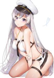 Rule 34 | 1girl, azur lane, bad id, bad pixiv id, between breasts, bikini, blush, breasts, cleavage, collarbone, commentary request, covered erect nipples, enterprise (azur lane), hair between eyes, hat, highres, kneeling, large breasts, long hair, looking at viewer, military hat, necktie, necktie between breasts, parted lips, purple eyes, revealing clothes, shiny skin, silver hair, simple background, solo, swimsuit, very long hair, white background, white bikini, yayoichi (yoruyoru108)