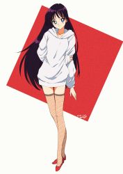 Rule 34 | 1girl, bishoujo senshi sailor moon, black hair, blue eyes, breasts, closed mouth, dated, earrings, highres, hino rei, hood, hoodie, jewelry, long hair, looking at viewer, murata tefu, necklace, red background, smile, solo, thighhighs, white background
