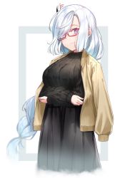 Rule 34 | 1girl, alternate costume, bespectacled, black dress, blue eyes, blue hair, braid, coat, coat on shoulders, commentary request, crossed arms, dress, genshin impact, glasses, hair over one eye, highres, long dress, long hair, looking at viewer, low-braided long hair, low-tied long hair, m.tokotsu, red-framed eyewear, shenhe (genshin impact), smile, solo