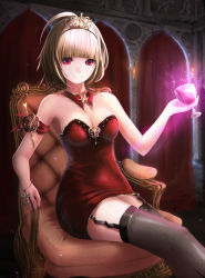 Rule 34 | 1girl, armchair, bad id, bad pixiv id, bare shoulders, black thighhighs, blonde hair, breasts, chair, cleavage, cup, cupping glass, detached collar, dtye88, garter straps, looking at viewer, medium breasts, original, red eyes, rorona s., short hair, sitting, solo, thighhighs, thighs, tiara